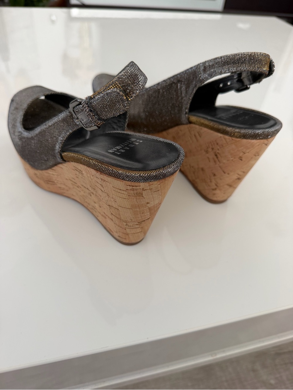 Stuart Weitzman Cork Wedge Slingback Peep Toe Shoes Bronze Metallic Size 7.5M - Picture 12 of 12